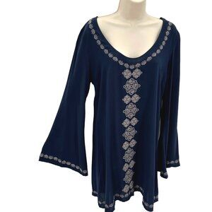 Lovestitch Women’s Embroidered Navy Bell Sleeve Scoop Neck Tunic Dress Size S